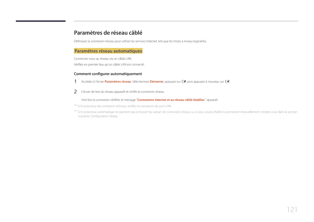 Samsung LH65MDCPLGC/EN manual 121, Paramètres de réseau câblé, Paramètres réseau automatiques 