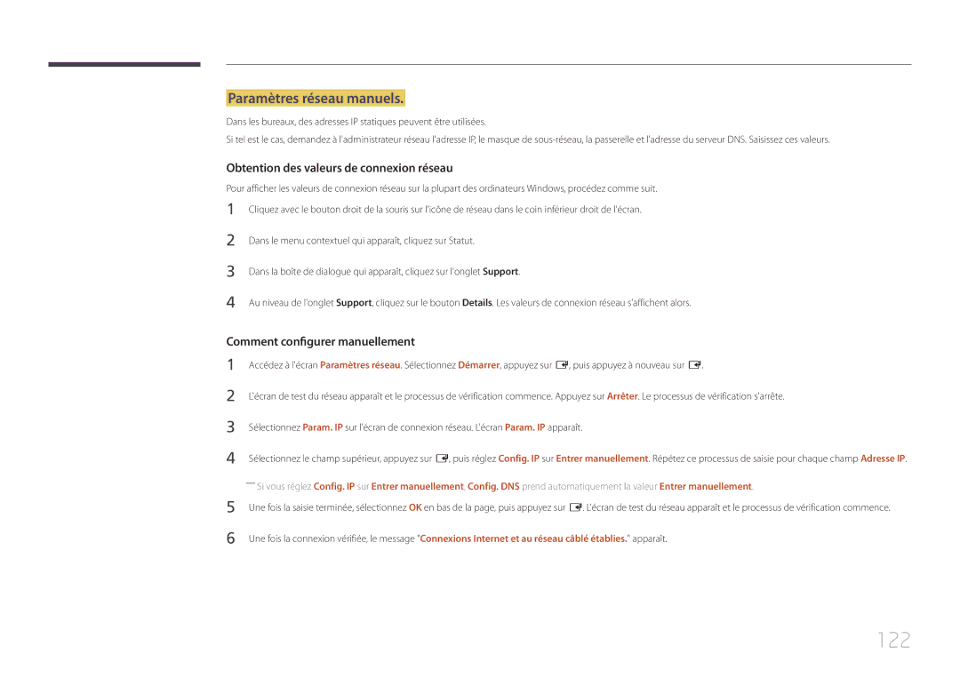 Samsung LH65MDCPLGC/EN manual 122, Paramètres réseau manuels 