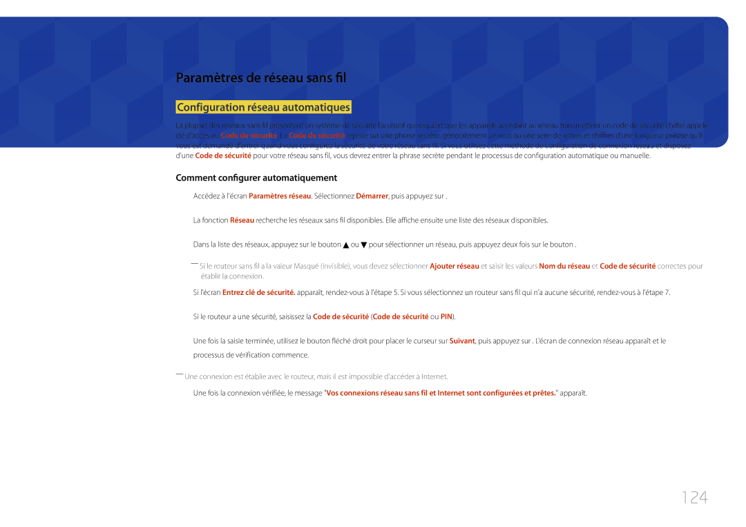 Samsung LH65MDCPLGC/EN manual 124, Paramètres de réseau sans fil, Configuration réseau automatiques 