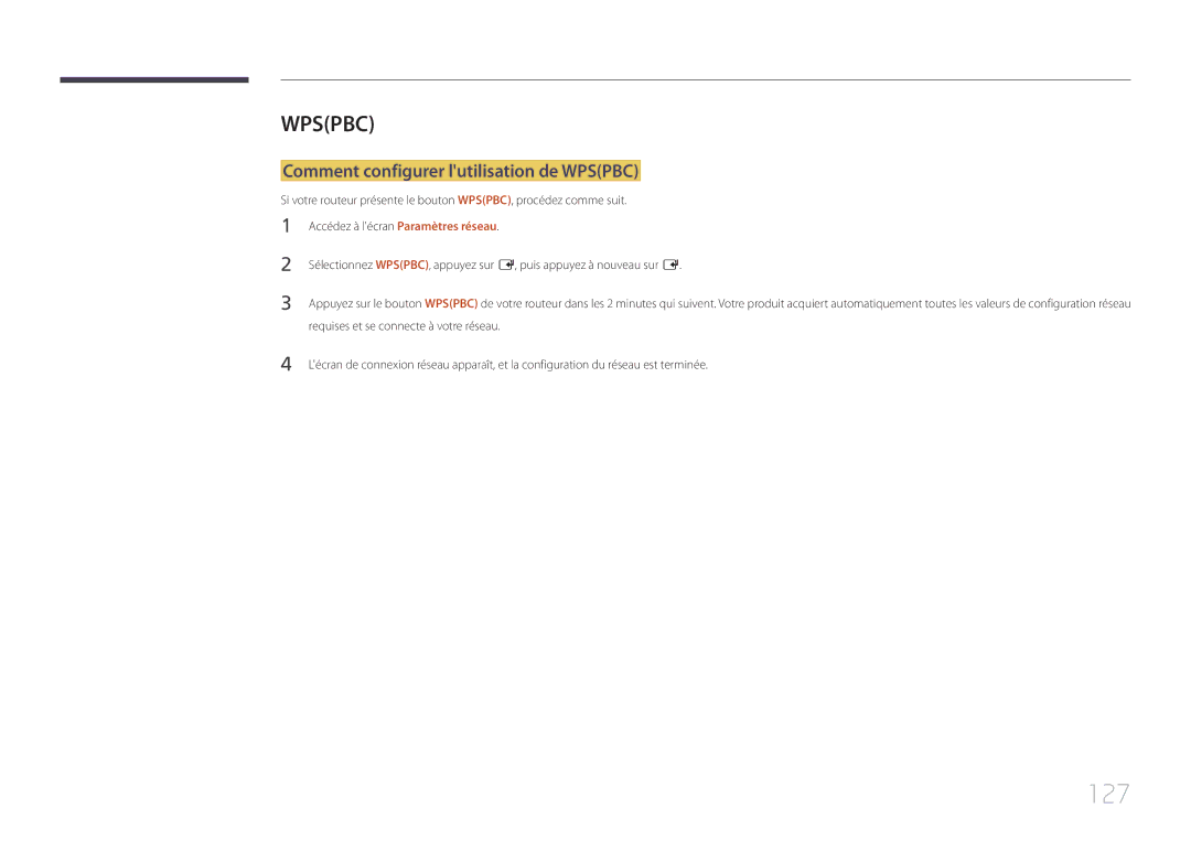 Samsung LH65MDCPLGC/EN manual 127, Comment configurer lutilisation de Wpspbc 