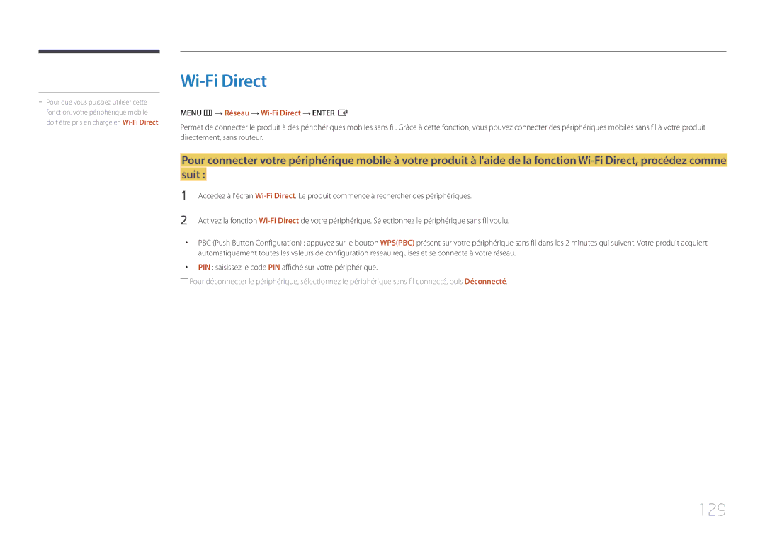 Samsung LH65MDCPLGC/EN manual 129, Menu m → Réseau → Wi-Fi Direct → Enter E 