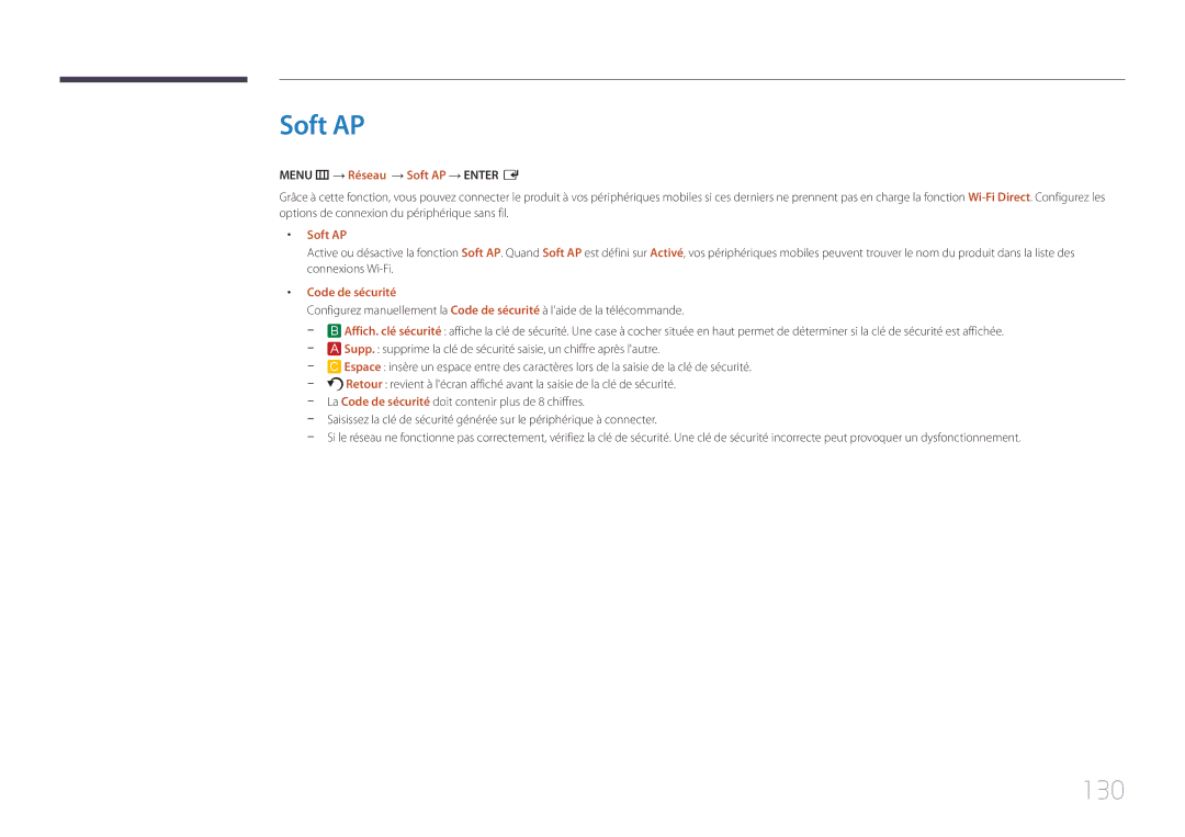 Samsung LH65MDCPLGC/EN manual 130, Menu m → Réseau → Soft AP → Enter E, Code de sécurité 