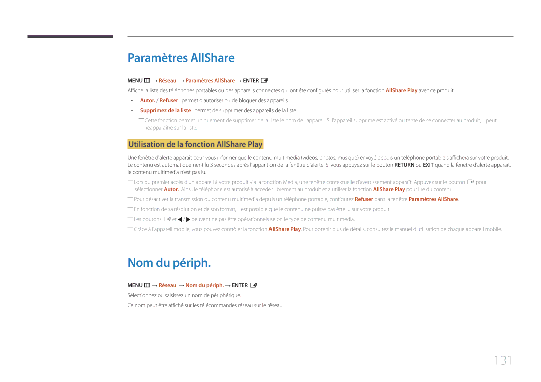 Samsung LH65MDCPLGC/EN manual Paramètres AllShare, Nom du périph, 131, Utilisation de la fonction AllShare Play 