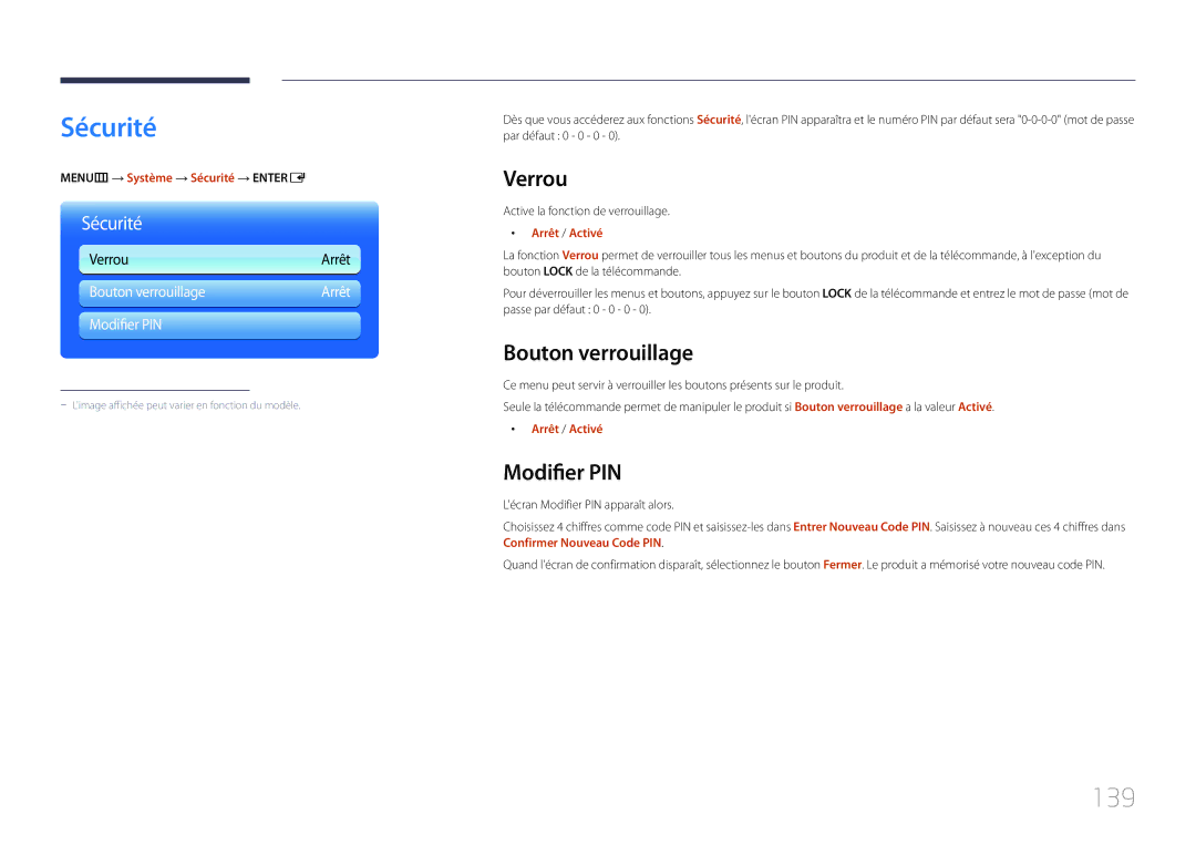 Samsung LH65MDCPLGC/EN manual Sécurité, 139, Verrou, Bouton verrouillage, Modifier PIN 