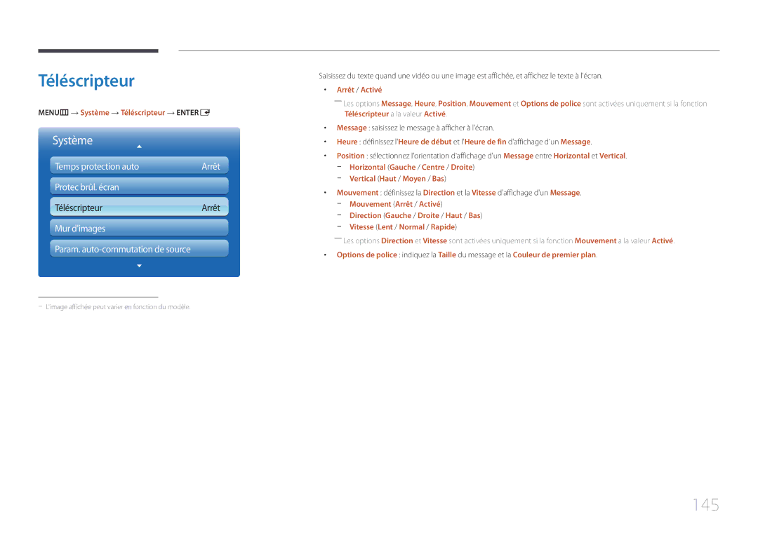 Samsung LH65MDCPLGC/EN manual 145, MENUm → Système → Téléscripteur → Entere, Vertical Haut / Moyen / Bas 