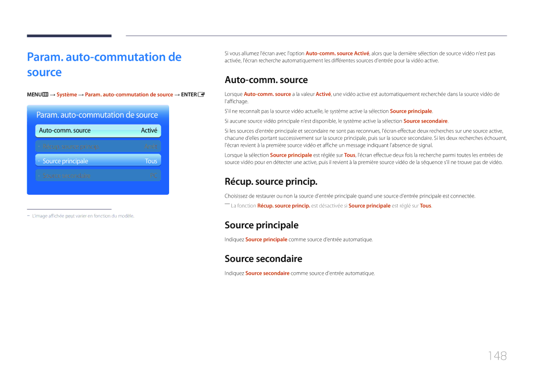 Samsung LH65MDCPLGC/EN manual 148, Auto-comm. source, Récup. source princip, Source principale, Source secondaire 