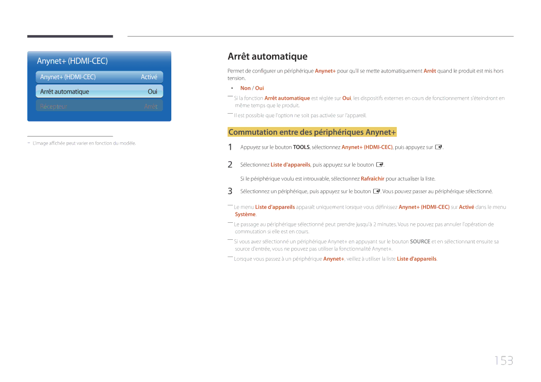 Samsung LH65MDCPLGC/EN manual 153, Arrêt automatique, Commutation entre des périphériques Anynet+, Non / Oui 