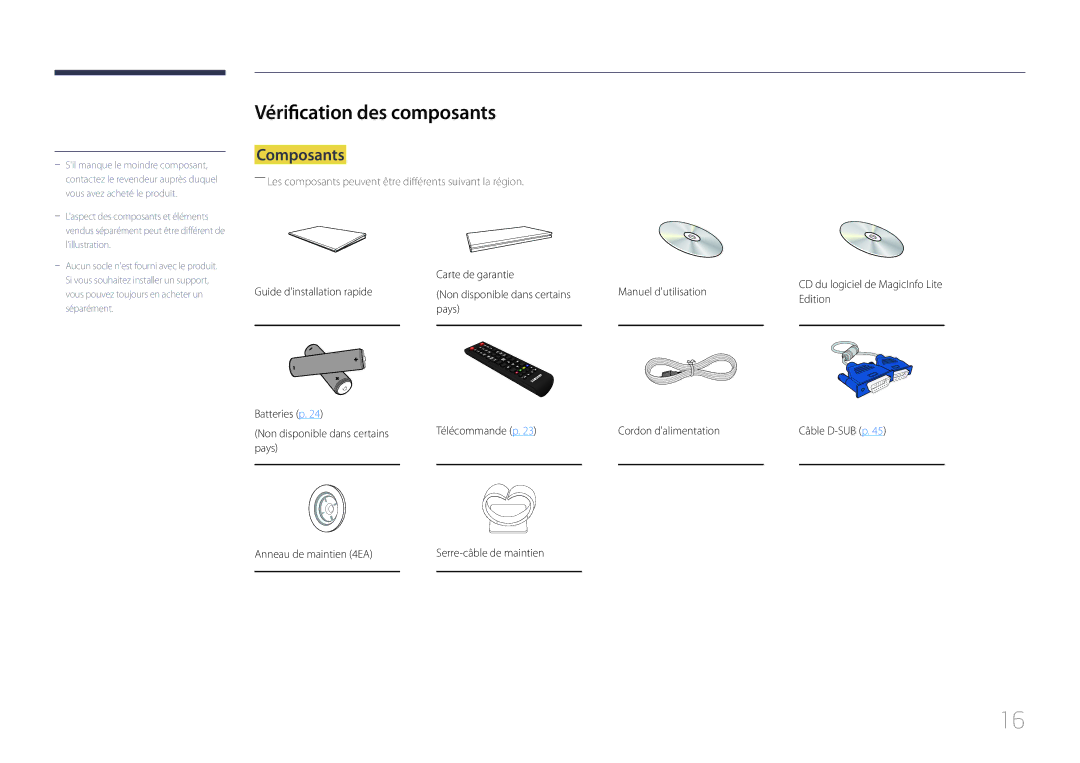 Samsung LH65MDCPLGC/EN manual Vérification des composants, Composants, Carte de garantie 