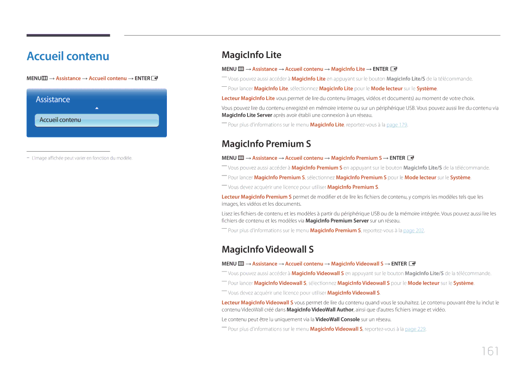 Samsung LH65MDCPLGC/EN manual Accueil contenu, 161, MagicInfo Lite, MagicInfo Premium S, MagicInfo Videowall S 