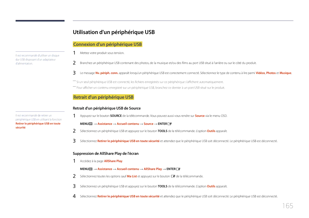 Samsung LH65MDCPLGC/EN 165, Utilisation dun périphérique USB, Connexion dun périphérique USB, Retrait dun périphérique USB 