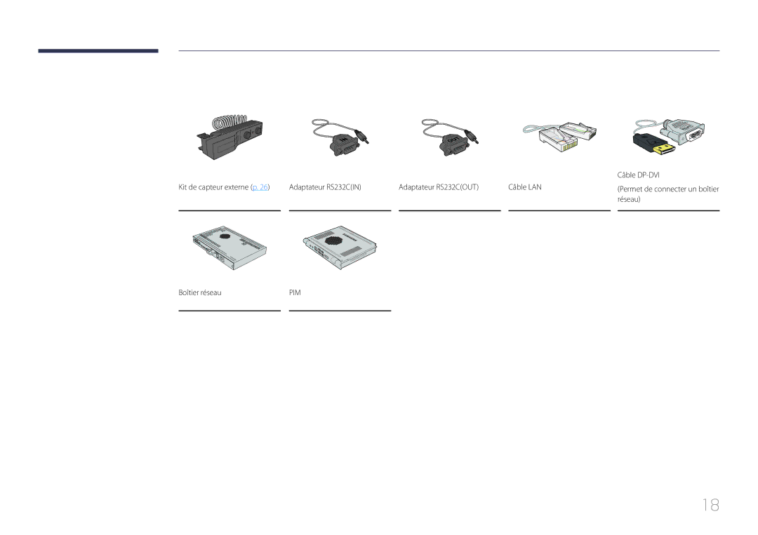 Samsung LH65MDCPLGC/EN manual Câble DP-DVI, Adaptateur RS232CIN Adaptateur RS232COUT Câble LAN, Réseau, Boîtier réseau 