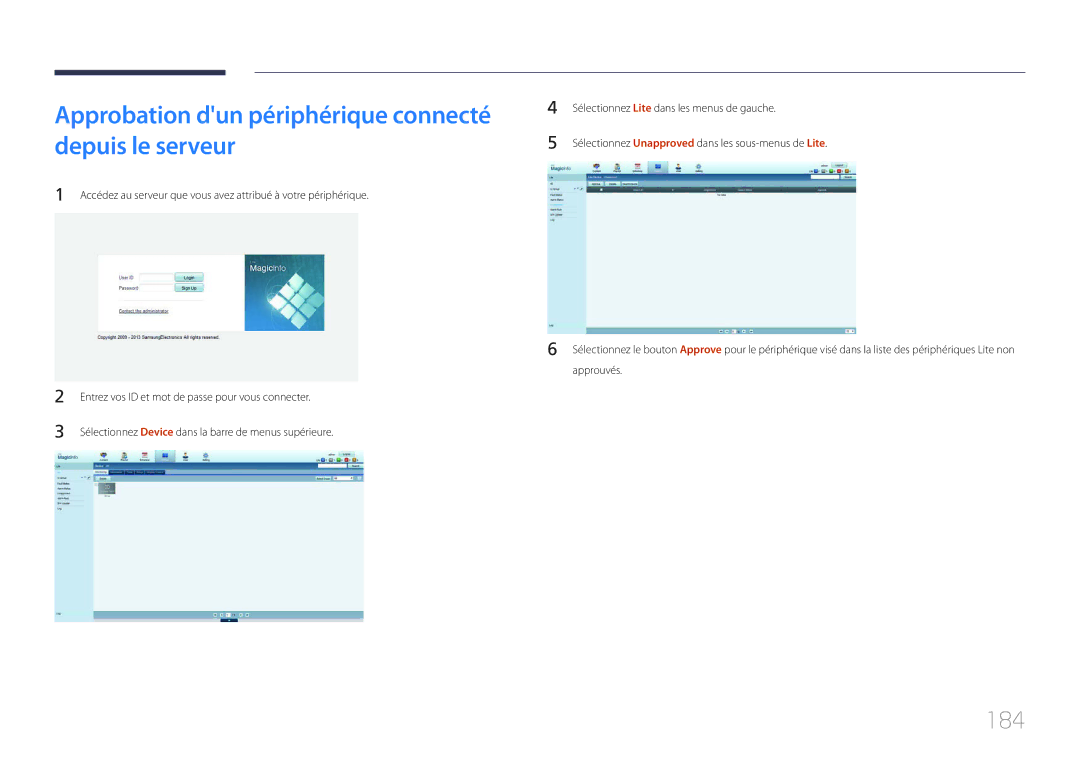 Samsung LH65MDCPLGC/EN manual Approbation dun périphérique connecté depuis le serveur, 184 