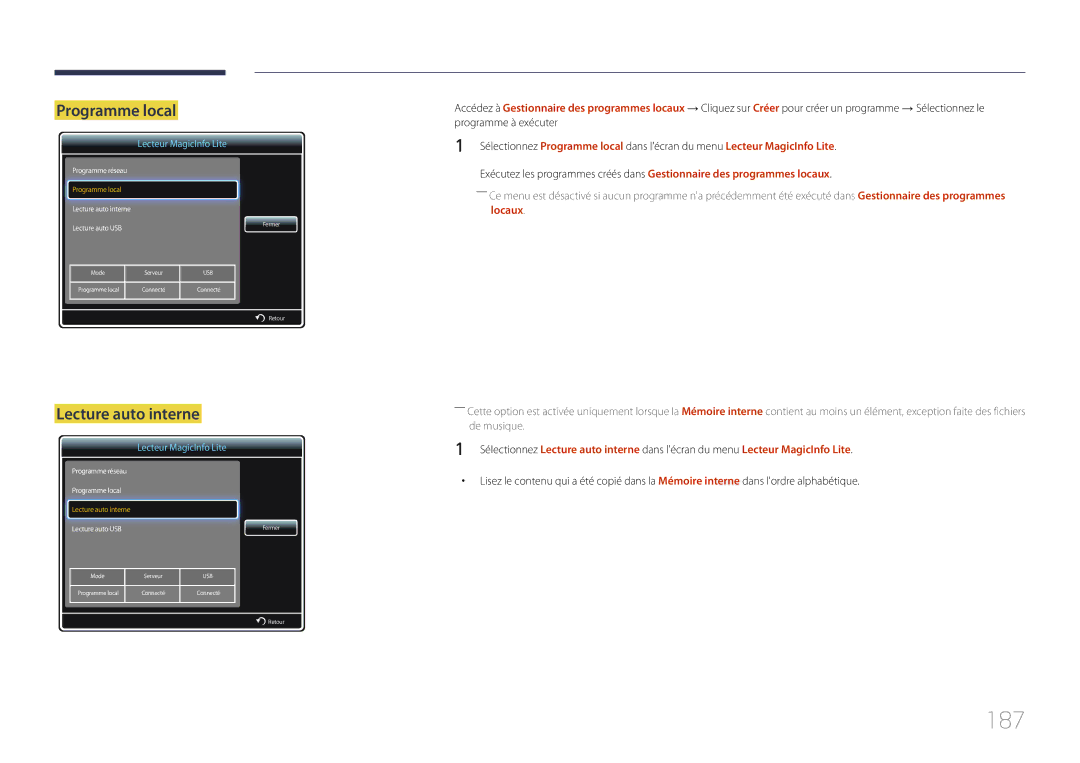 Samsung LH65MDCPLGC/EN manual 187, Programme local, Lecture auto interne 