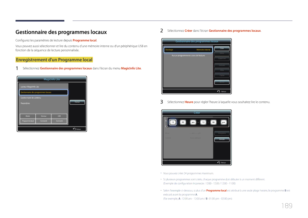 Samsung LH65MDCPLGC/EN manual 189, Gestionnaire des programmes locaux, Enregistrement dun Programme local 