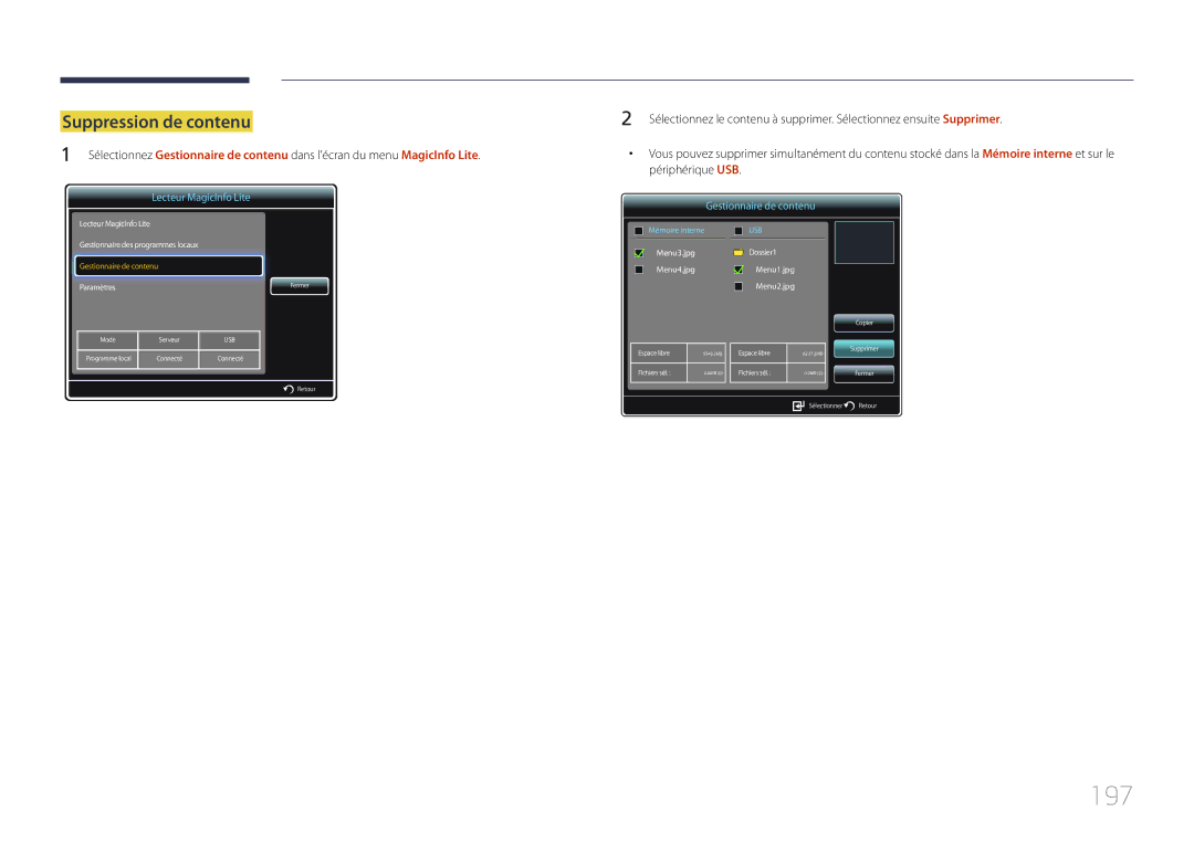 Samsung LH65MDCPLGC/EN manual 197, Suppression de contenu 