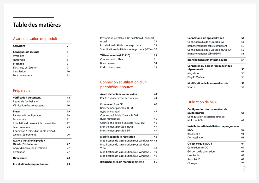 Samsung LH65MDCPLGC/EN manual Table des matières 