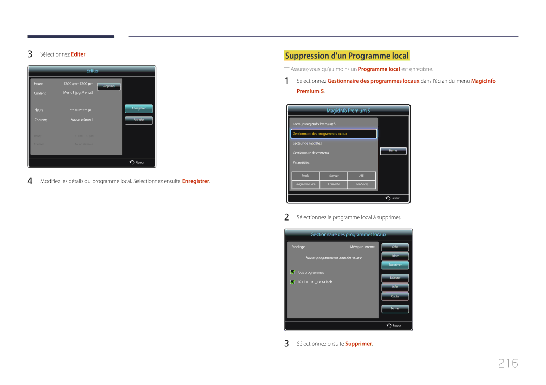 Samsung LH65MDCPLGC/EN manual 216, Sélectionnez Editer 