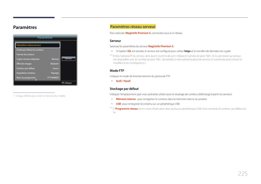 Samsung LH65MDCPLGC/EN manual 225, Paramètres 