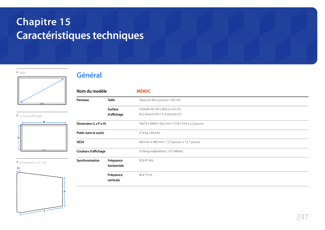 Samsung LH65MDCPLGC/EN manual Caractéristiques techniques, 247 