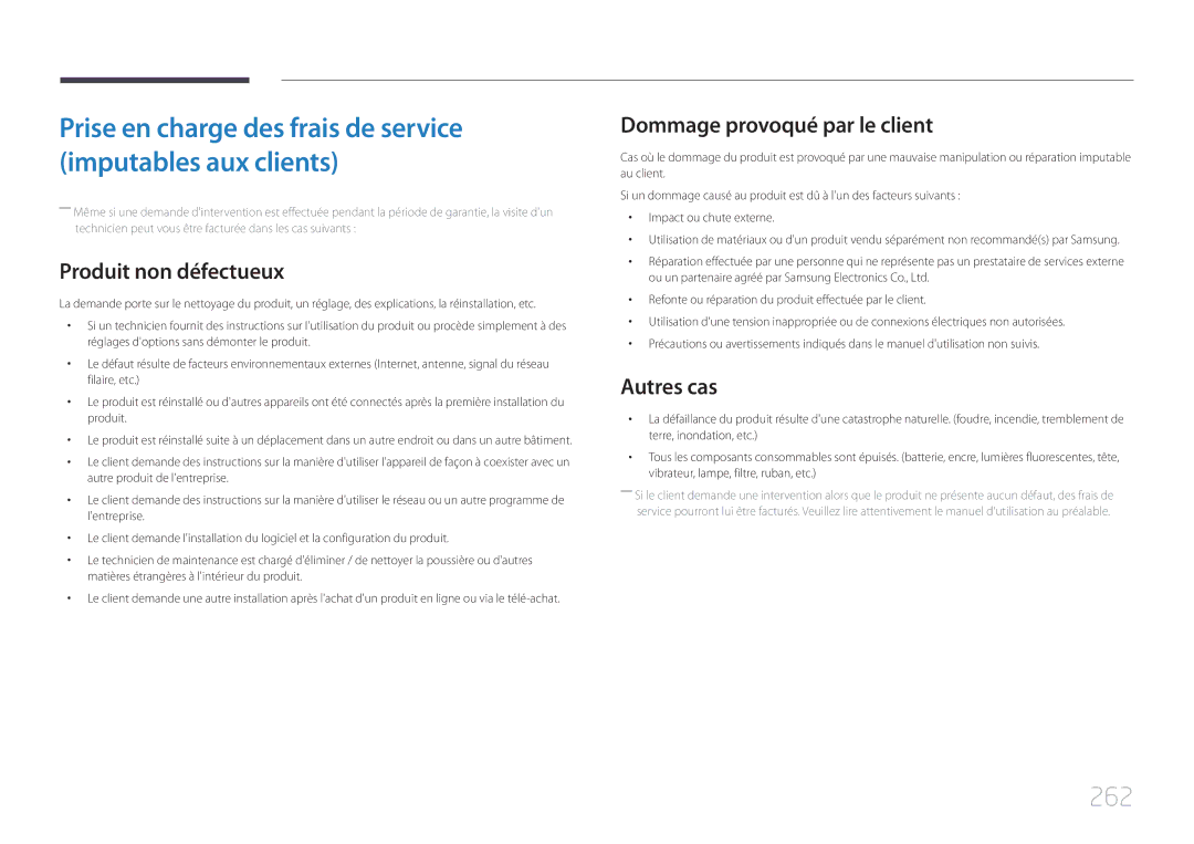 Samsung LH65MDCPLGC/EN manual 262, Produit non défectueux, Dommage provoqué par le client, Autres cas 