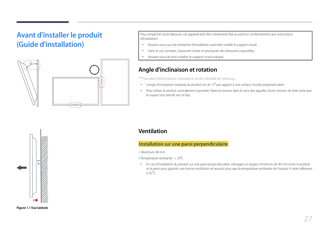 Samsung LH65MDCPLGC/EN manual Angle dinclinaison et rotation, Ventilation, Installation sur une paroi perpendiculaire 