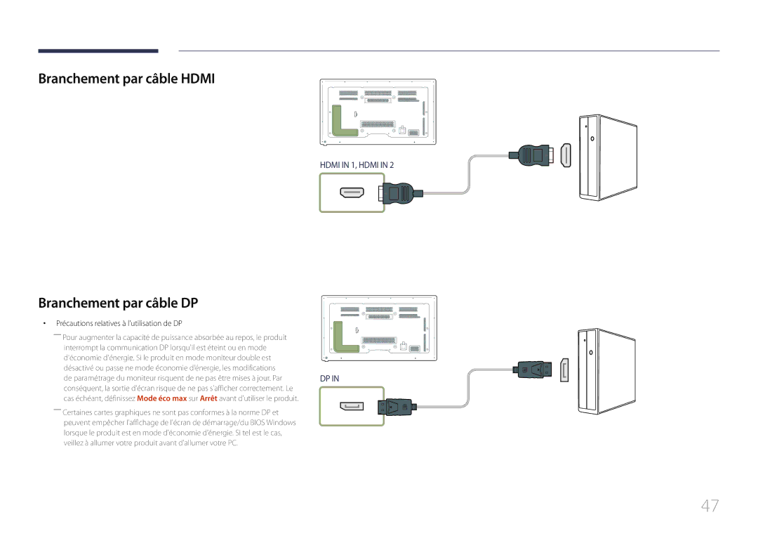 Samsung LH65MDCPLGC/EN Branchement par câble Hdmi, Branchement par câble DP, Précautions relatives à lutilisation de DP 