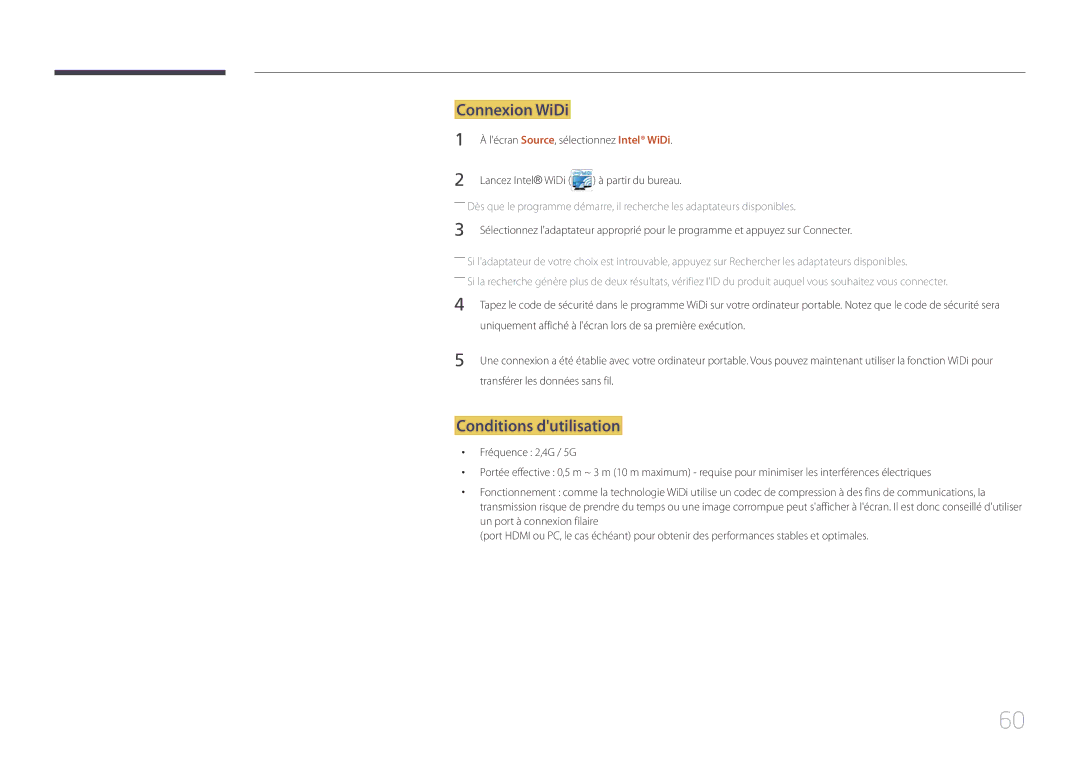 Samsung LH65MDCPLGC/EN manual Connexion WiDi, Conditions dutilisation 