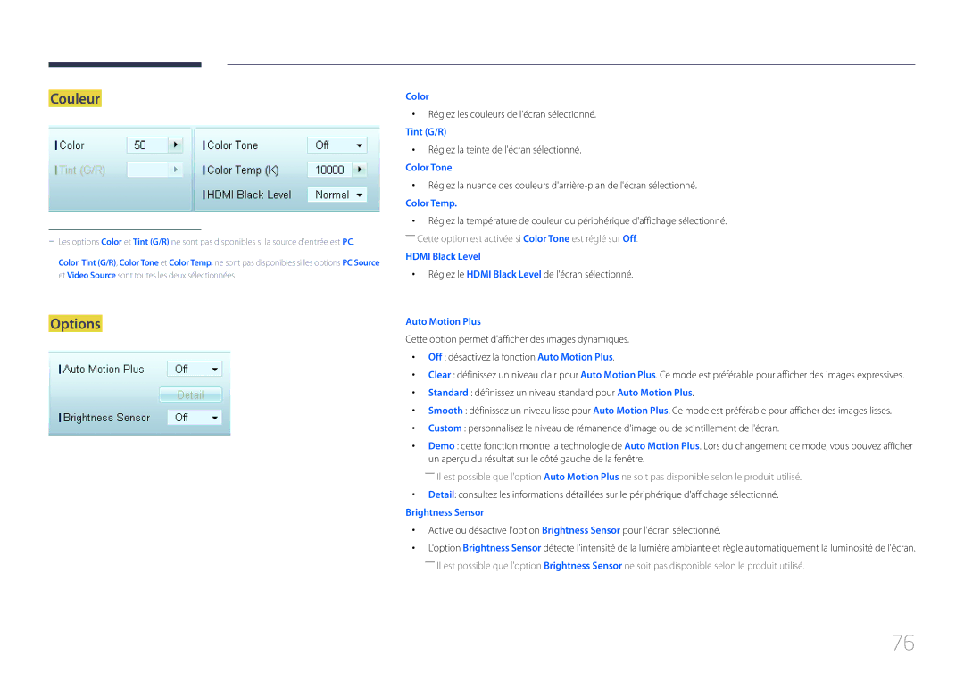 Samsung LH65MDCPLGC/EN Couleur, Options, Réglez les couleurs de lécran sélectionné, Réglez la teinte de lécran sélectionné 