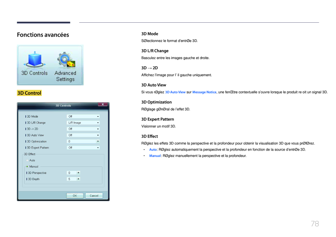 Samsung LH65MDCPLGC/EN manual Fonctions avancées, 3D Control 