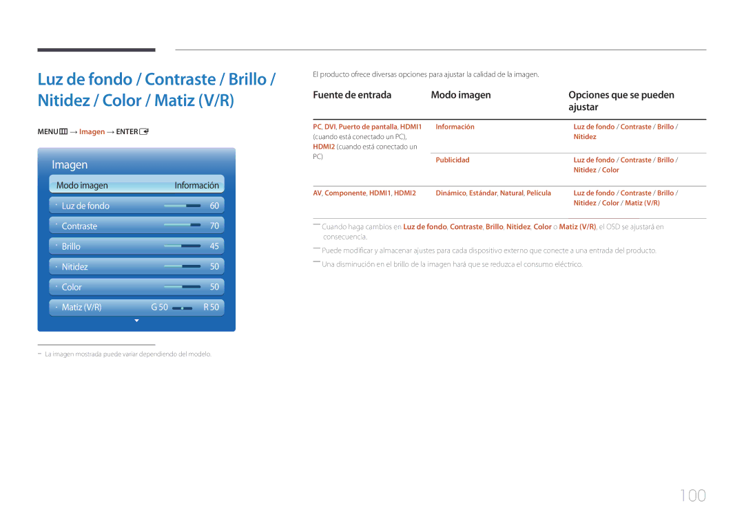 Samsung LH65MDCPLGC/EN manual 100, Fuente de entrada Modo imagen, Ajustar, MENUm → Imagen → Entere 