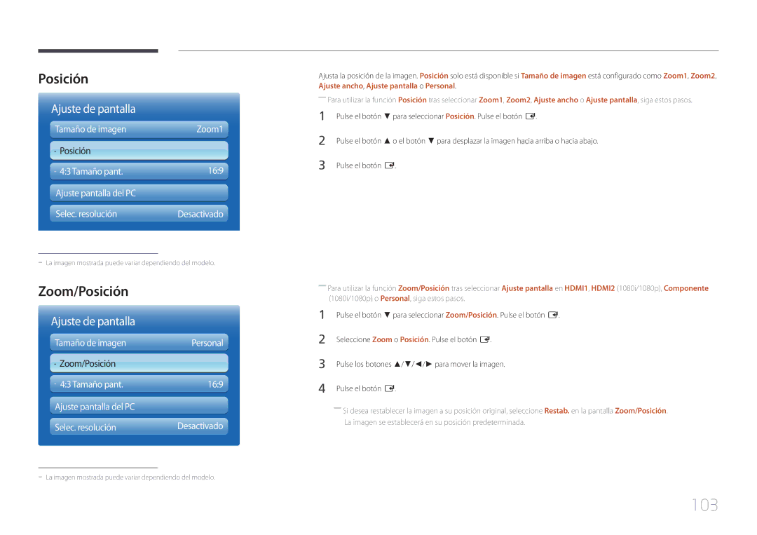 Samsung LH65MDCPLGC/EN manual 103, Zoom/Posición 