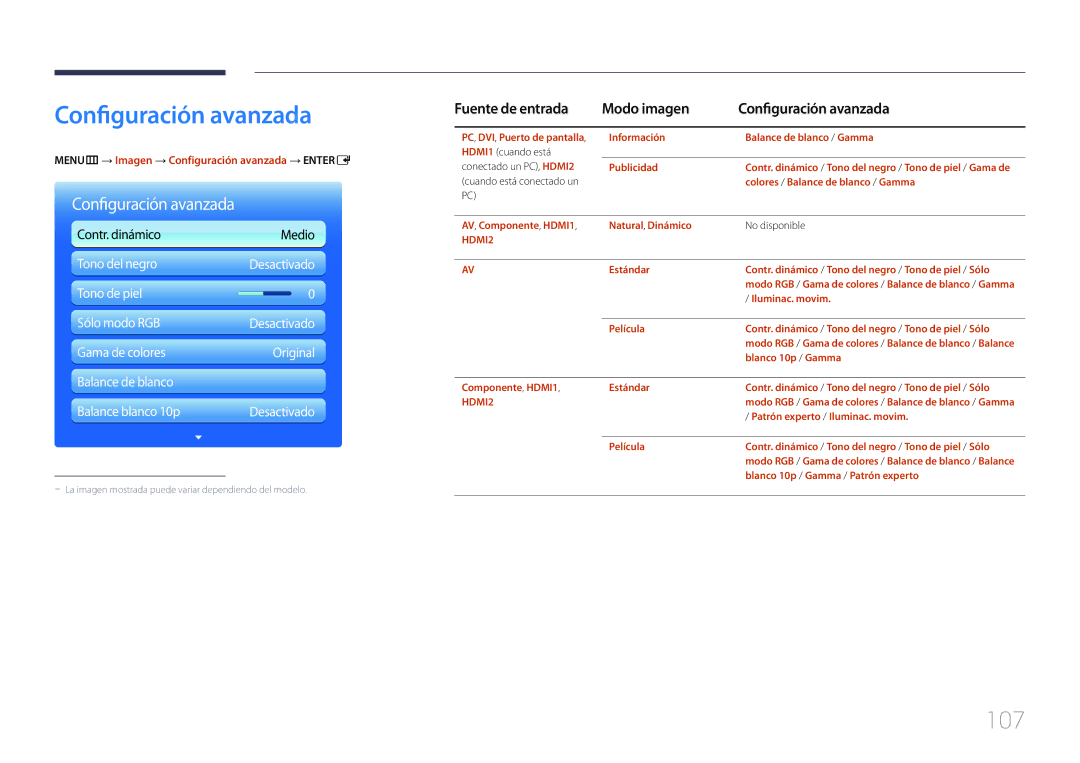 Samsung LH65MDCPLGC/EN manual 107, Fuente de entrada Modo imagen Configuración avanzada 