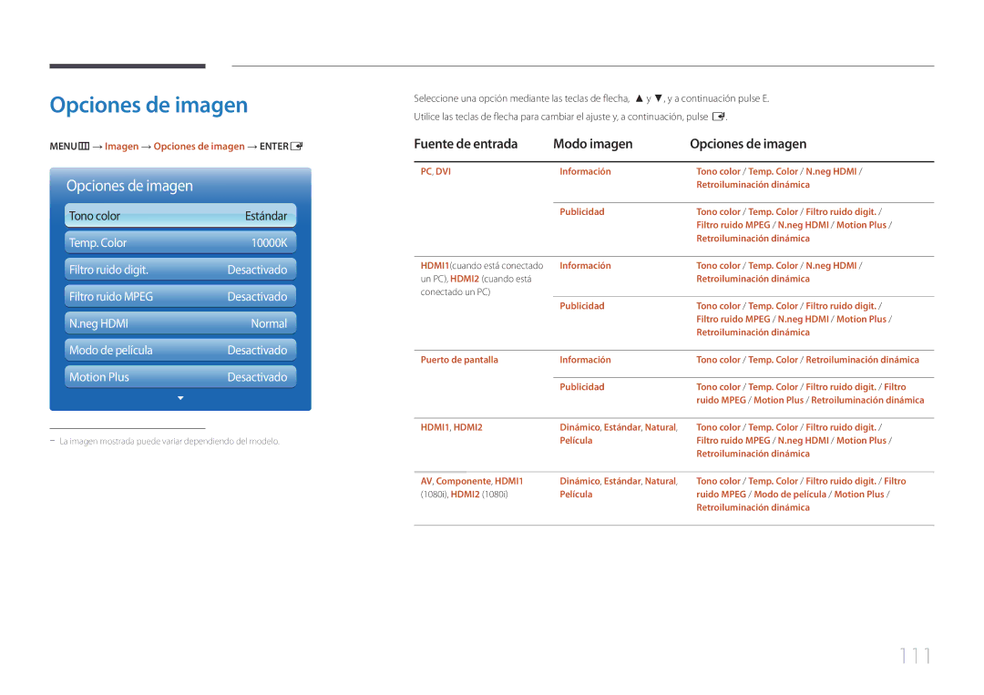 Samsung LH65MDCPLGC/EN manual 111, Fuente de entrada Modo imagen Opciones de imagen 