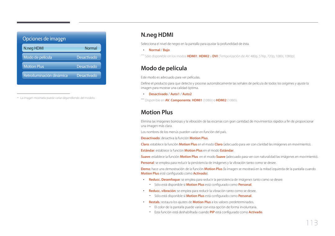 Samsung LH65MDCPLGC/EN manual 113, Neg Hdmi, Modo de película, Motion Plus 