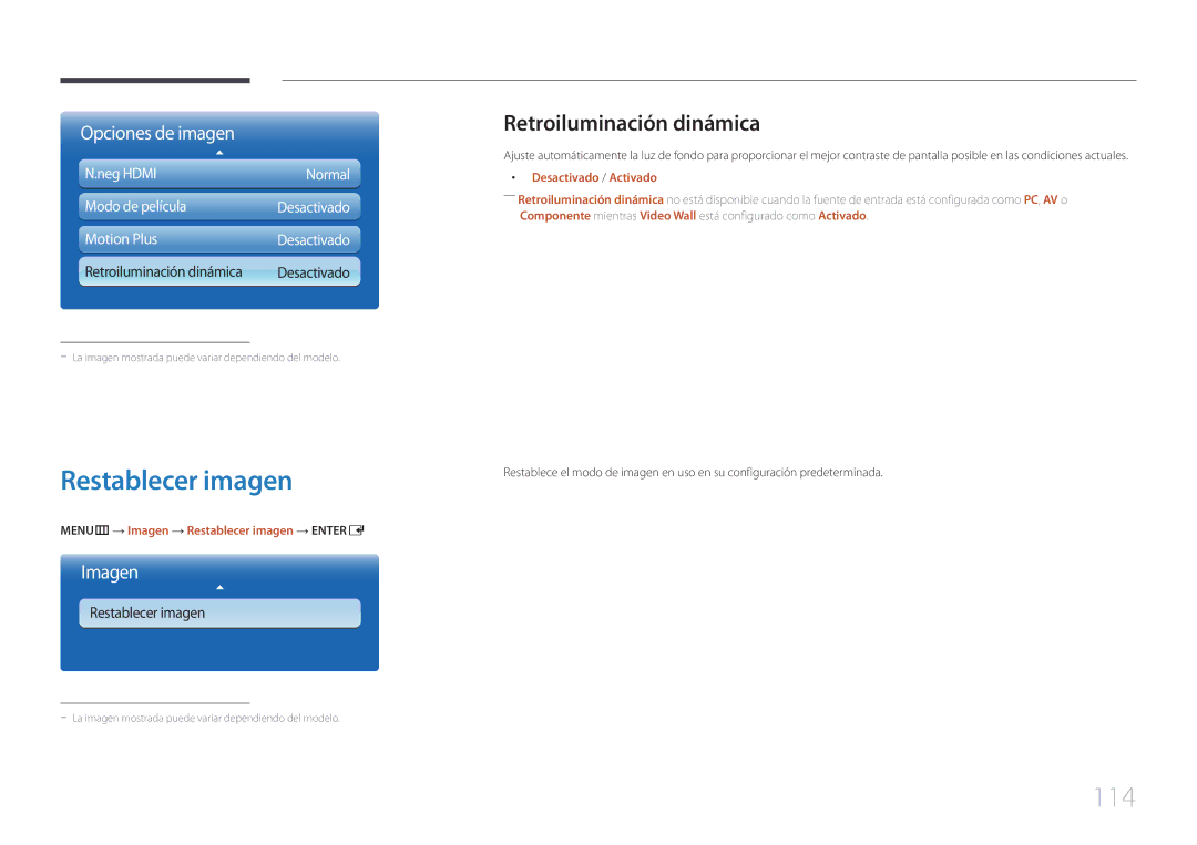 Samsung LH65MDCPLGC/EN manual 114, Retroiluminación dinámica, MENUm → Imagen → Restablecer imagen → Entere 