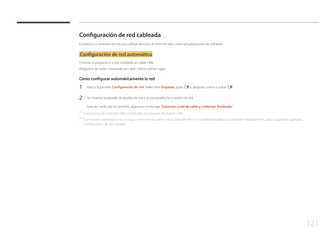 Samsung LH65MDCPLGC/EN manual 121, Configuración de red cableada, Configuración de red automática 