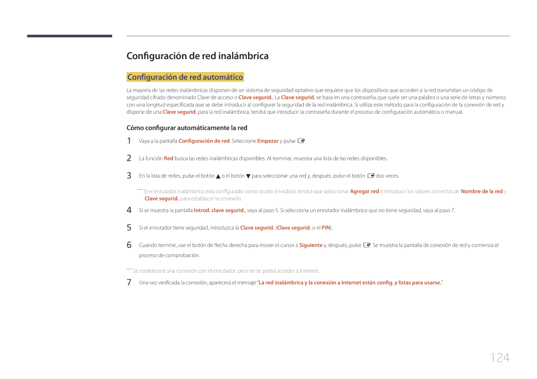 Samsung LH65MDCPLGC/EN manual 124, Configuración de red inalámbrica, Configuración de red automático 
