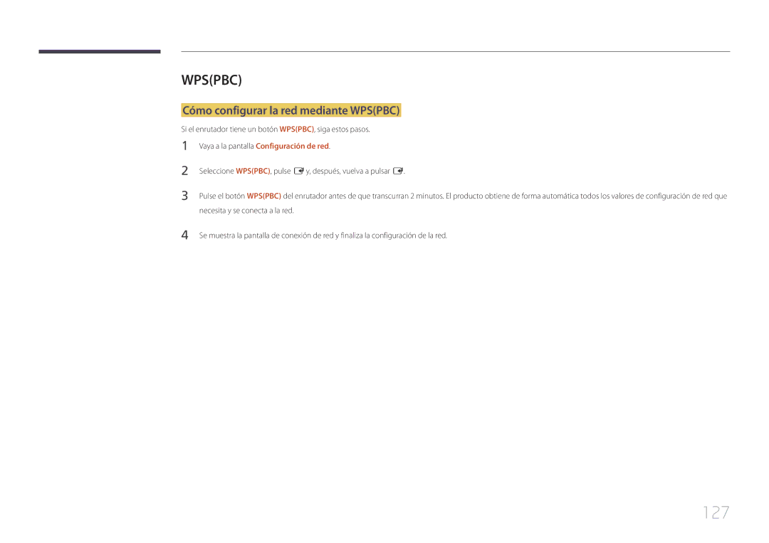Samsung LH65MDCPLGC/EN manual 127, Cómo configurar la red mediante Wpspbc, Necesita y se conecta a la red 