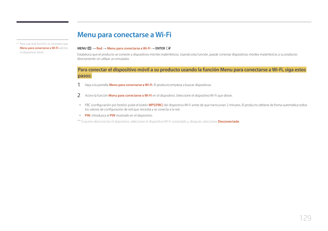 Samsung LH65MDCPLGC/EN manual 129, Menu m → Red → Menu para conectarse a Wi-Fi → Enter E 