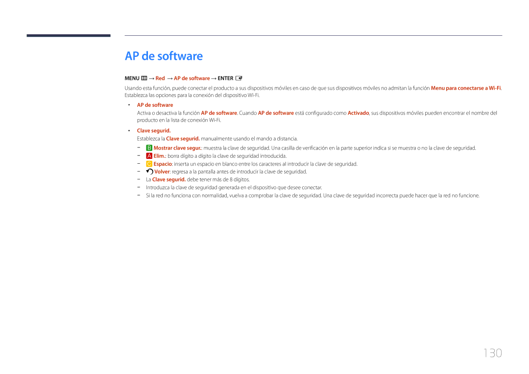 Samsung LH65MDCPLGC/EN manual 130, Menu m → Red → AP de software → Enter E, Clave segurid 