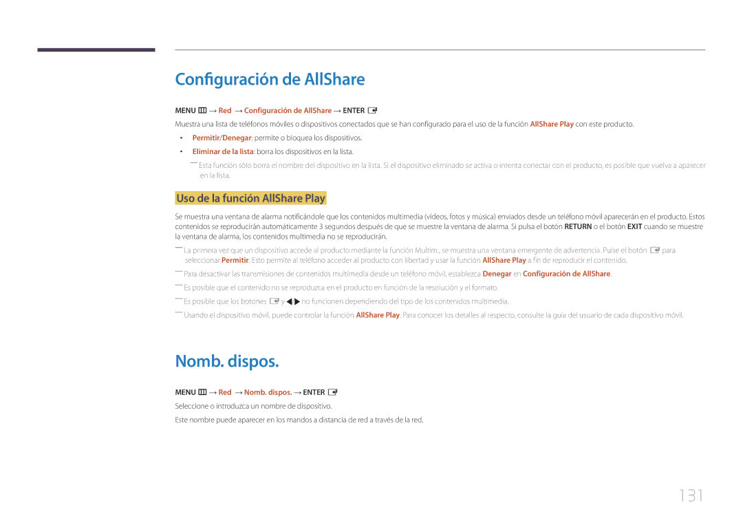 Samsung LH65MDCPLGC/EN manual Configuración de AllShare, Nomb. dispos, 131, Uso de la función AllShare Play 