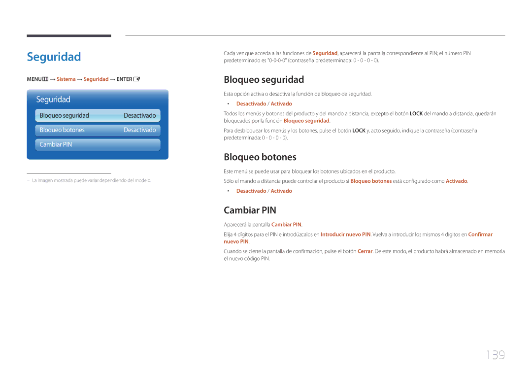 Samsung LH65MDCPLGC/EN manual Seguridad, 139, Bloqueo seguridad, Bloqueo botones, Cambiar PIN 