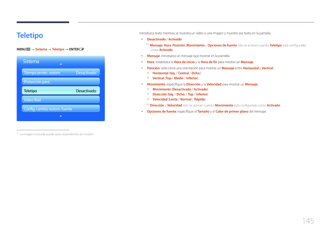 Samsung LH65MDCPLGC/EN manual 145, MENUm → Sistema → Teletipo → Entere, Vertical Top / Medio / Inferior 