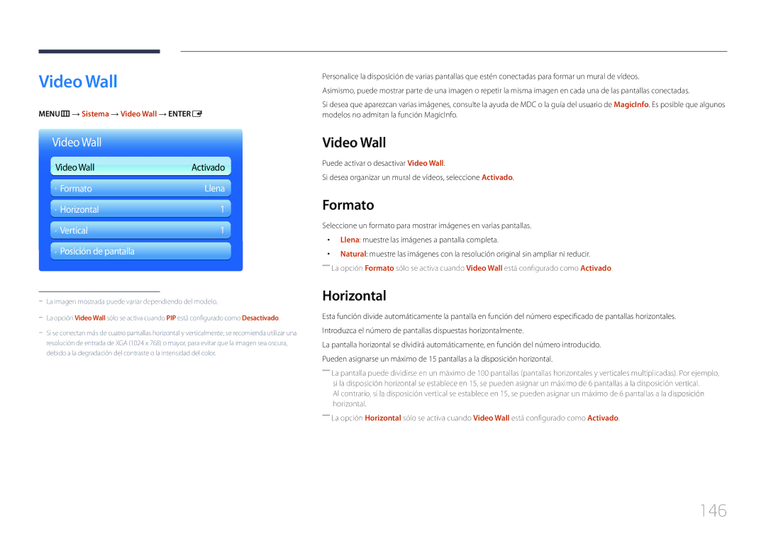 Samsung LH65MDCPLGC/EN manual Video Wall, 146, Formato, Horizontal 