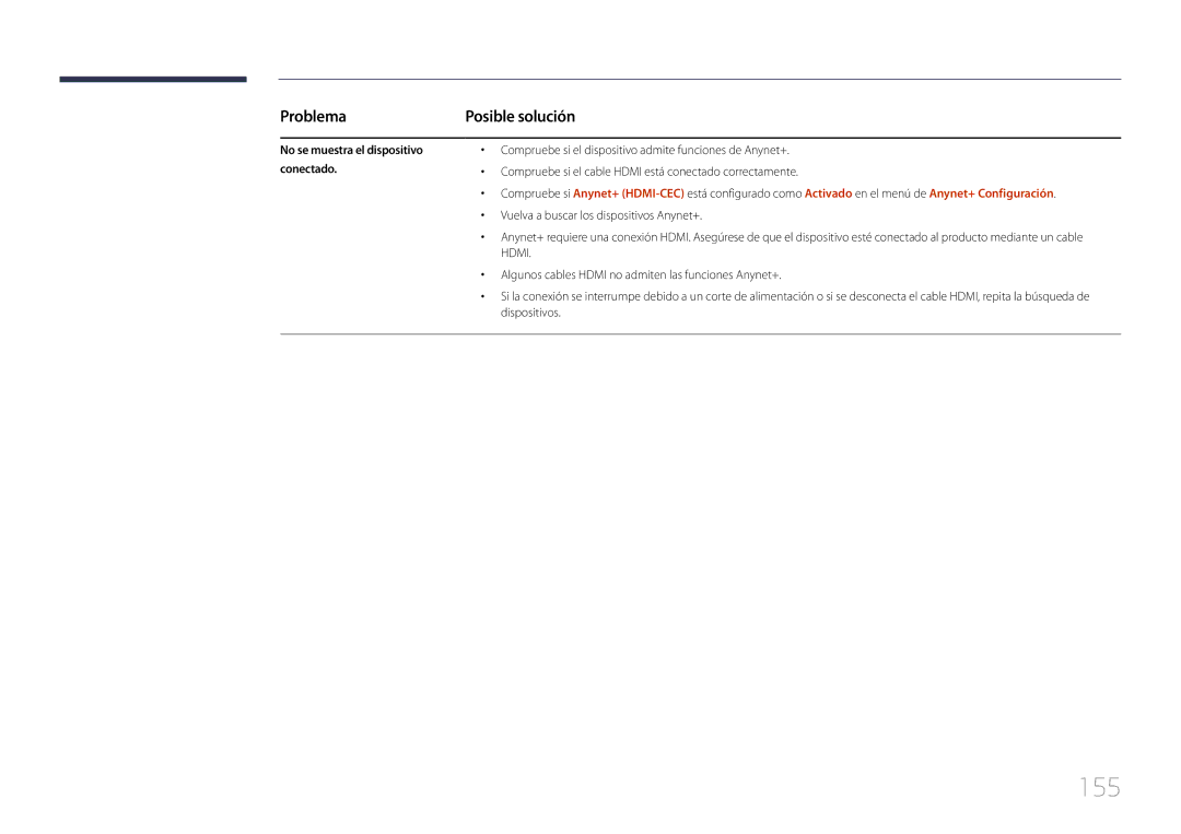 Samsung LH65MDCPLGC/EN manual 155, Problema, No se muestra el dispositivo conectado 