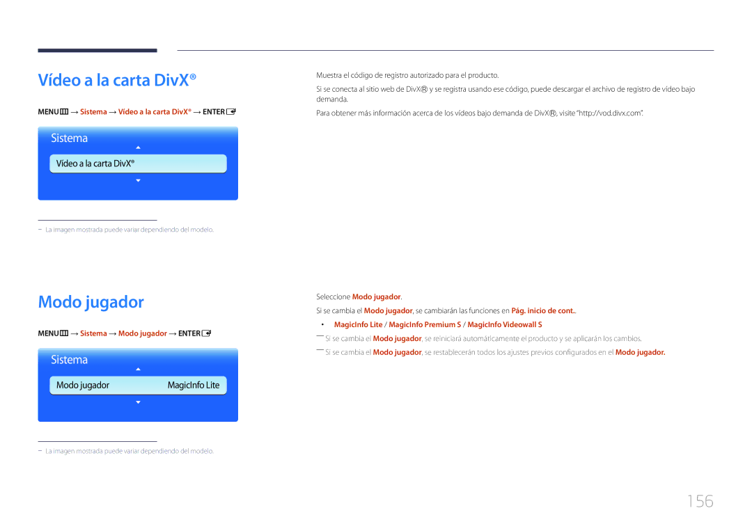 Samsung LH65MDCPLGC/EN manual Modo jugador, 156, MENUm → Sistema → Vídeo a la carta DivX → Entere 