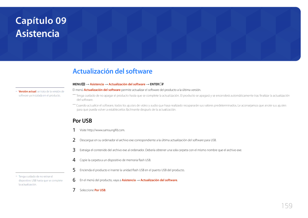 Samsung LH65MDCPLGC/EN manual Asistencia, Actualización del software, 159, Por USB 