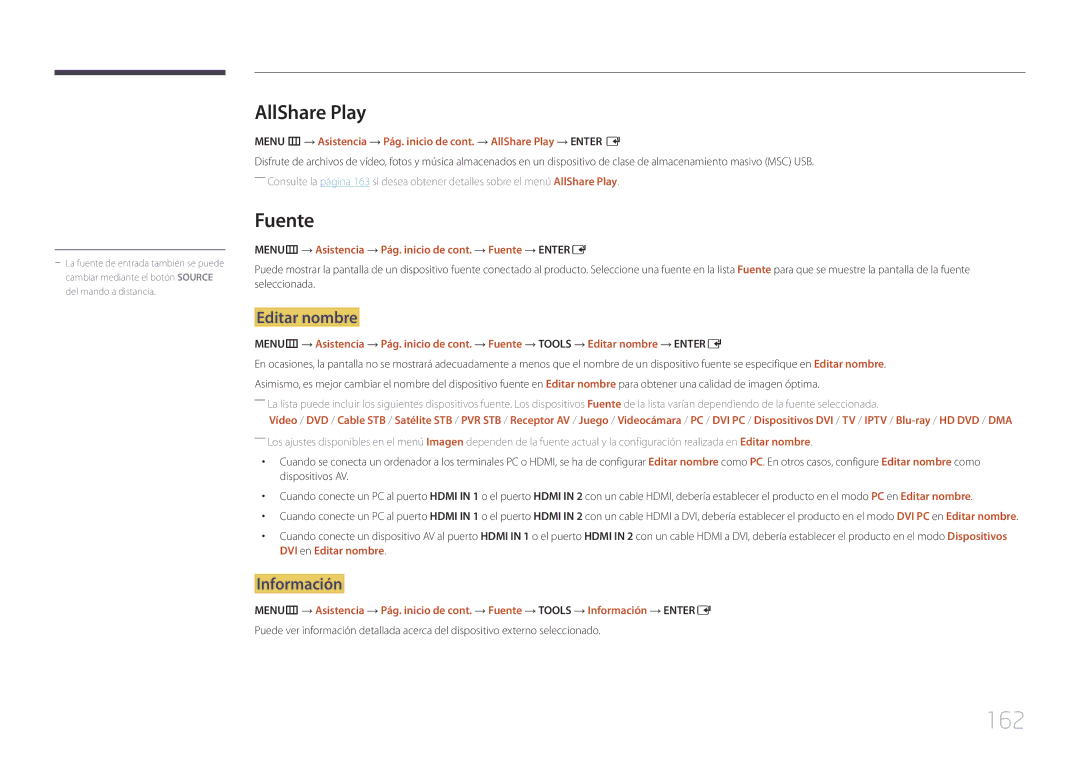 Samsung LH65MDCPLGC/EN manual 162, AllShare Play, Editar nombre, Información 