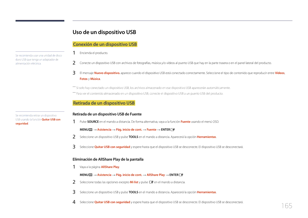 Samsung LH65MDCPLGC/EN 165, Uso de un dispositivo USB, Conexión de un dispositivo USB, Retirada de un dispositivo USB 
