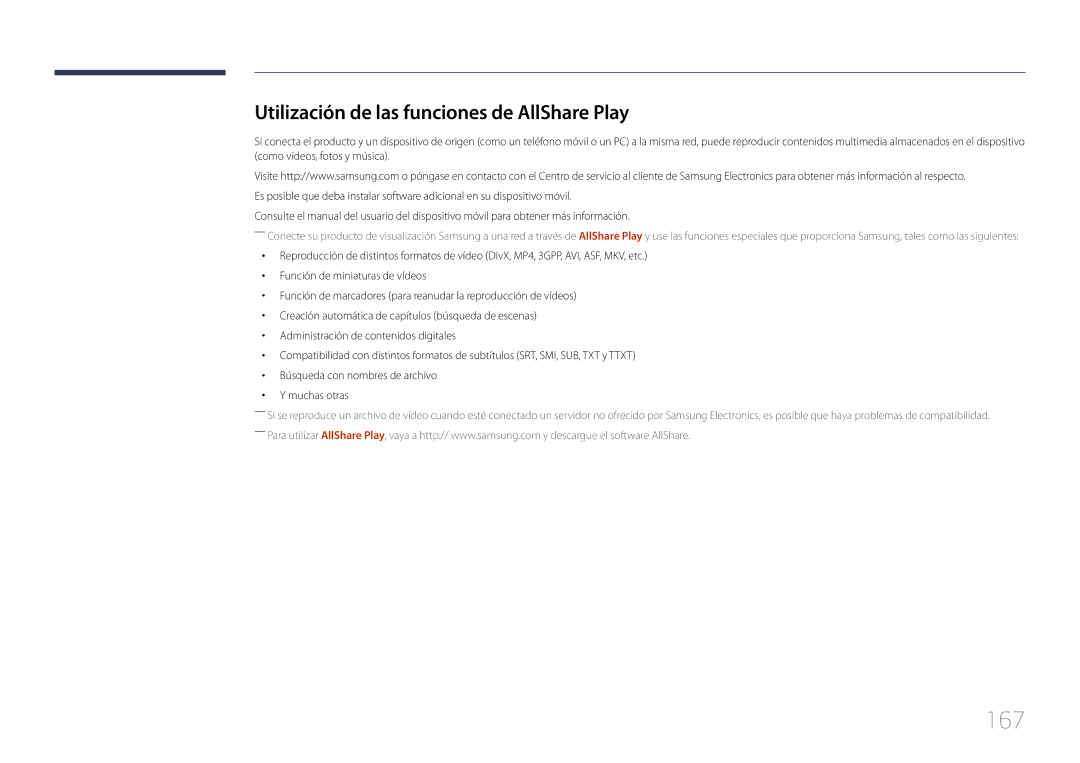 Samsung LH65MDCPLGC/EN manual 167, Utilización de las funciones de AllShare Play 